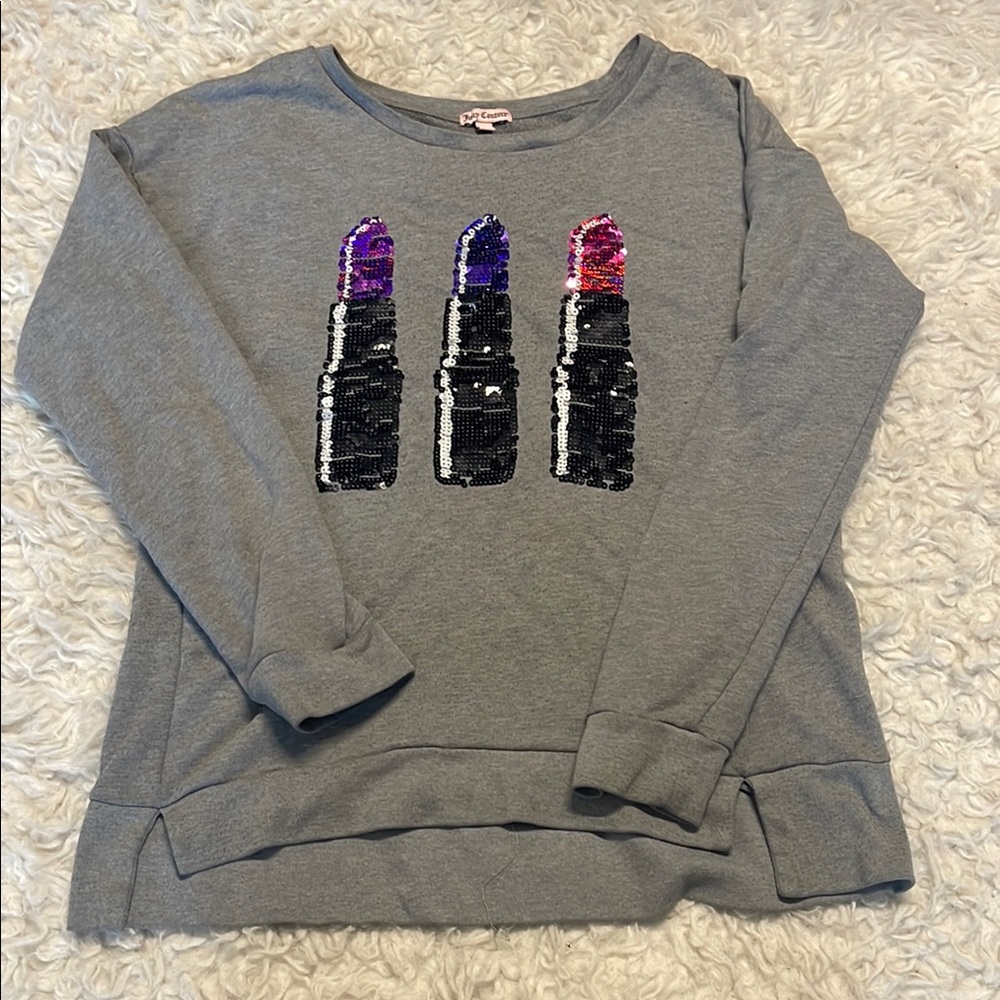 Juicy Couture Gray Crew Neck Sweater with Lipstick Graphic❤️